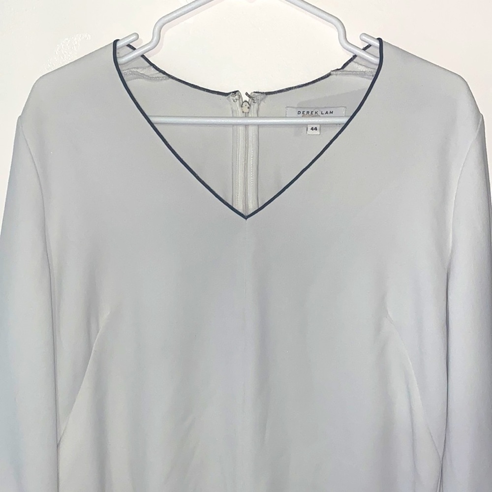 Derek Lam White V-Neck Bell Sleeve Blouse with Black Piping - Picture 4 of 11